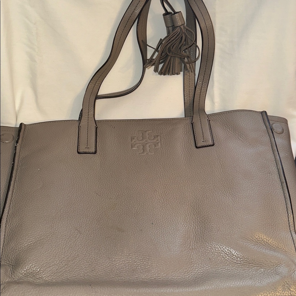 Tory Burch Taupe Leather Tote with Tassel